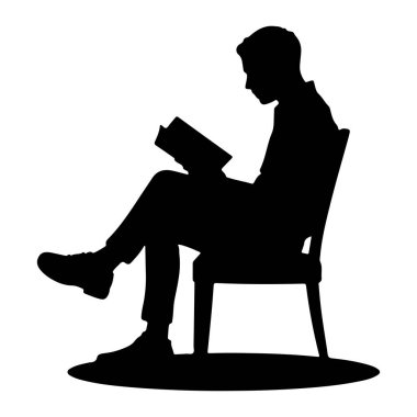 Bir sandalyede oturan ve bir kitap okuyan siyah bir adam silueti tasvir edilir. Bacak bacak üstüne atmış, öne doğru eğilmiş, metne dalmış. Resim, okuma eylemini vurgulayan, beyaz arkaplandaki basit ve izole bir grafiktir..