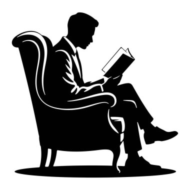 Takım elbiseli ve kravatlı siyah bir adam silueti bir koltuğa oturmuş, kitap okumaya dalmış. Koltuğun kavisli kolları ve yüksek sırtı olan klasik bir tasarımı var. Görüntü, beyaz arkaplanı olan basit, grafik bir illüstrasyondur. 