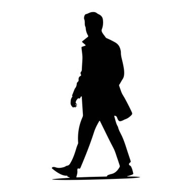 Beyaz bir arkaplanda yürüyen siyah bir siluet. Bu figür uzun bir ceket ve giysi ayakkabısı giyiyor. Adamın sol bacağı öne doğru uzanıyor ve sağ bacağı arkasında hareket gösteriyor. Elleri açıkça görünmüyor.