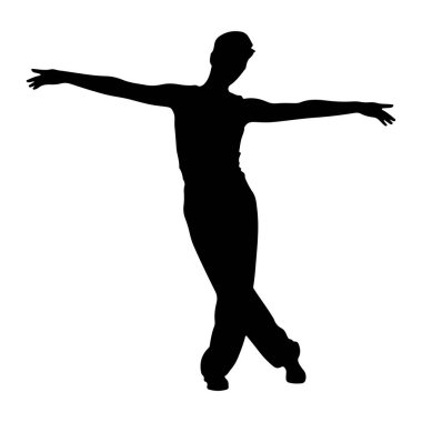 Bir erkek dansçının siyah silueti, saf beyaz bir arka plana karşı dinamik bir pozda yakalanır. Kolları dışa dönük, avuçlar öne dönük, açık ya da uzanabilir bir hareket olarak. Vücudu açılı, bir bacağı ön tarafta çapraz duruyor.