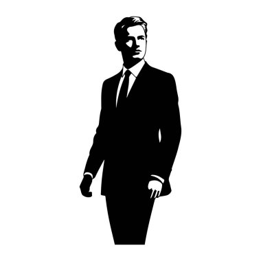 Resmi takım elbiseli, beyaz gömlekli ve kravatlı bir adamın siyah silüeti. O, göğüsten yukarıya doğru tasvir edilir, başını yana çevirir, izleyiciden uzağa bakar. Siluet düz beyaz bir arkaplan üzerinde, keskin vurgulayan
