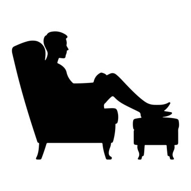 Bir adamın siyah silueti, yüksek sırtlı bir koltukta otururken ve bacakları uyumlu bir ayak sehpasında dinlenirken gösteriliyor. Resim, bir rahatlama ve dinlenme sahnesi tasvir eden beyaz bir arkaplan karşısında basit bir grafik gösterimidir..