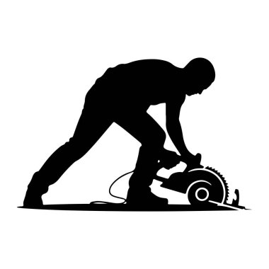 Yuvarlak testere kullanan siyah bir adam silueti. Adam pantolon ve gömlek giyiyor. Vücudu da alete rehberlik edecek pozisyonda. Dairesel testerede görünür bir bıçak ve uzayan bir kordon var. Görüntü simsiyah ve beyaz.