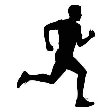 Hareket halinde, koşan bir adamın siyah silüeti. Vücudu sağa dönük, kolları bükülmüş ve bacakları bir adım önde. O atletik giysiler ve ayakkabılar giyiyor. Arkaplan düz beyaz.