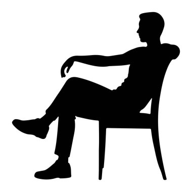 Bir sandalyede profilde oturan siyah bir siluet. Bacak bacak üstüne atmış ve bir kolu sandalyenin arkasında dinleniyor. Arkaplan beyaz.