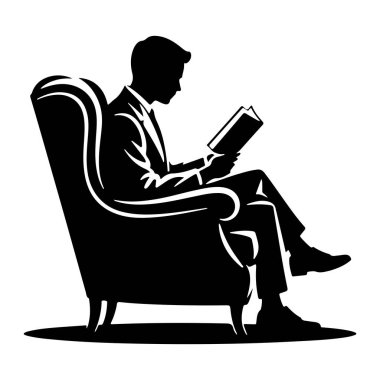 Takım elbiseli bir adamın siyah bir silueti lüks bir koltukta oturuyor, kitap okumaya dalmış. Görüntü, düz beyaz bir arkaplan karşısında net bir şekilde tanımlanmış figür ve mobilyalarla simsiyah ve beyazdır. Adamın duruşu odak ve quie önerir