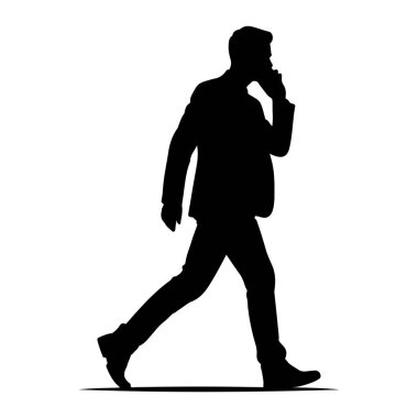 Takım elbiseli bir adamın siyah silueti kulağına bir telefon tutarken yürürken resmedilir. Bu figür beyaz bir arkaplan karşısında profil olarak gösterilir. Adamın adımları ileri doğru hareket ettiğini gösteriyor. Duruşu da bir konuşmayla meşgul olduğunu gösteriyor.