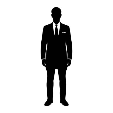 Beyaz arka plana karşı dik duran bir adamın siyah silueti. Ceketi, gömleği, kravatı ve cep mendili olan resmi bir takım elbise giyiyor. Siluet temiz ve keskin. Kıyafetin dış hatlarını gösteriyor..