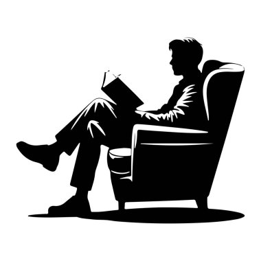 Pofuduk bir koltukta oturan siyah bir siluet, bir kitap okumaya dalmış. Bacak bacak üstüne atmış ve kitap elinde açık duruyor. Koltuk geniş ve sarmalayıcıdır, farklı kol bantları ve yüksek bir sırtı vardır. Görüntü simsiyah.