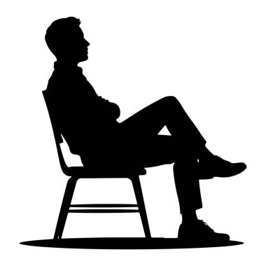 Kollarını kavuşturmuş bir sandalyede profilde oturan siyah bir siluet. O pantolon ve ayakkabı giyiyor. Arkaplan beyaz.