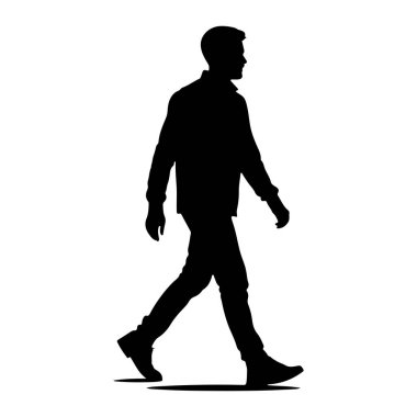 Beyaz arka planda soldan sağa doğru yürüyen bir adamın siyah silueti. O yakalı bir gömlek, pantolon ve ayakkabı giyiyor. Vücudu profilde ve yürürken kolları dirseklerinden bükülüyor. Ayaklarının altında bir gölge var..