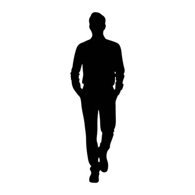 Elleri cebinde yürüyen bir adamın siyah silueti. O yakalı bir gömlek ve pantolon giyiyor. Arkaplan düz beyaz.