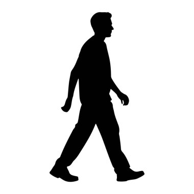 Profilde bir adamın siyah silueti beyaz bir arkaplanda yürürken resmedilir. Şekil yandan gösteriliyor, bir bacağı önde, diğeri arkada, bu da hareketi gösteriyor. Adam günlük kıyafetler giyiyor, pantolon ve gömlek de dahil. Merhaba.