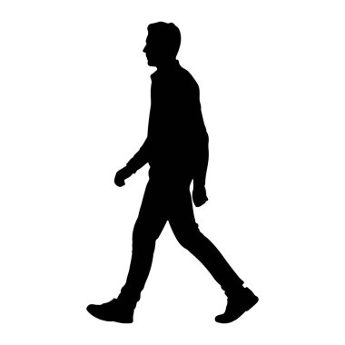 Beyaz arka planda soldan sağa doğru yürüyen bir adamın siyah silueti. O, pantolon, bir gömlek ve ayakkabılar da dahil olmak üzere günlük giysiler giyiyor. Vücudu profilde, ileri doğru adımlar atıyor..