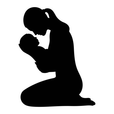 Diz çöküp bebeğini yüzüne yakın tutan siyah bir anne silueti. Annenin saçı at kuyruğu şeklinde geri çekiliyor. Bebek onun kollarında ve yüzleri birbirine dokunuyor. Arka plan bembeyaz..