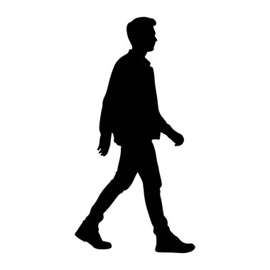 Beyaz arka planda soldan sağa doğru yürüyen bir adamın siyah silueti. O, bir gömlek, pantolon ve ayakkabı dahil günlük giysiler giyiyor. Profilde tasvir edilen figür, adımlarını ve duruşunu gösteriyor..