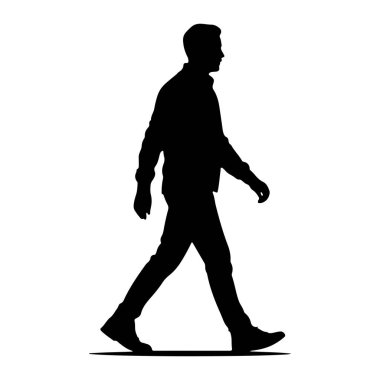 Beyaz arka planda soldan sağa doğru yürüyen bir adamın siyah silueti. Profilde tasvir edilmiş, yakalı bir gömlek, pantolon ve ayakkabı giyiyor. Silüet temiz ve keskindir. Kişinin hareketini ve şeklini vurgular..