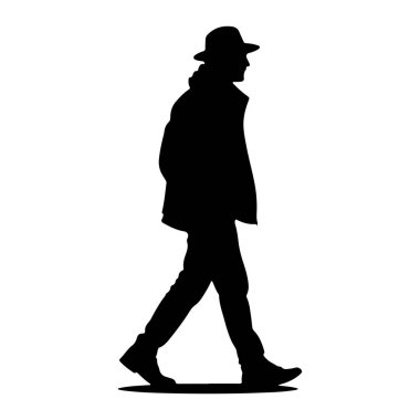 Şapka ve ceket giyen bir adamın siyah silueti beyaz arka plana doğru soldan sağa doğru yürürken resmedilir. Profilde elleri cebinde bir adam görülüyor. O pantolon ve ayakkabı giyiyor. Siluet koyu siyah bir şekil., 