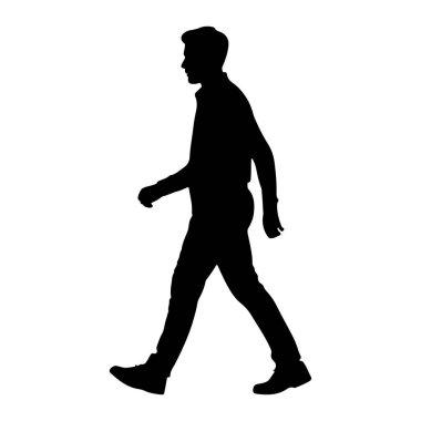 Beyaz arka planda soldan sağa doğru yürüyen bir adamın siyah silueti. Profilde resmedilmiş, günlük kıyafetler giyiyor pantolon, gömlek ve ayakkabılar da dahil. Kolları hafifçe bükülmüş ve bacakları orta basamakta hareket ediyor.