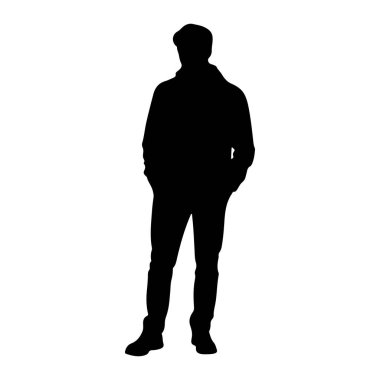 Elleri cebinde duran bir adamın siyah silueti. O bir şapka ve bir ceket giyiyor. Arkaplan beyaz.