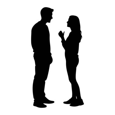 Konuşurken yüz yüze duran siyah siluet bir erkek ve kadın. Adam solda, ve kadın da sağda. İkisi de belden yukarısına doğru betimlenmiş, profilleri beyaz bir arka planda görülebiliyor. Kadın görünüyor. 