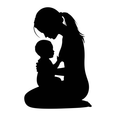Diz çöküp bebeği tutan siyah bir anne silueti. Anne eğiliyor, bebeğe bakıyor. Bebek, bir kolu yüzüne doğru uzanan anneye bakıyor. Arkaplan beyaz.