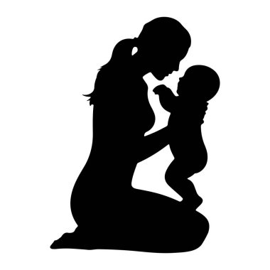 Diz çöküp bebeği tutan siyah bir anne silueti. Anne öne eğiliyor, yüzü bebeğinkine yakın. Bebek dik duruyor, annesine bakıyor. Arkaplan beyaz.