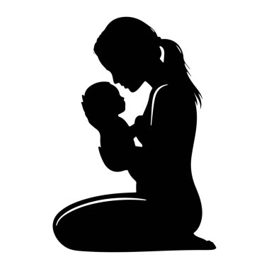 Diz çöküp bebeğini yüzüne yakın tutan siyah bir anne silueti. Anne gözlerini kapatır ve alnı bebeğin alnına dokunur. Bebek onun kollarında beşikte. Görüntü, beyaz bir arka plana karşı basit, saf bir siluettir.