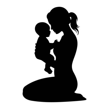Diz çöküp bebeği tutan siyah bir anne silueti. Anne aşağıya, bebeğe bakıyor ve yüzleri birbirine yakın. Bebek annenin kollarında tutulur. Arkaplan beyaz.