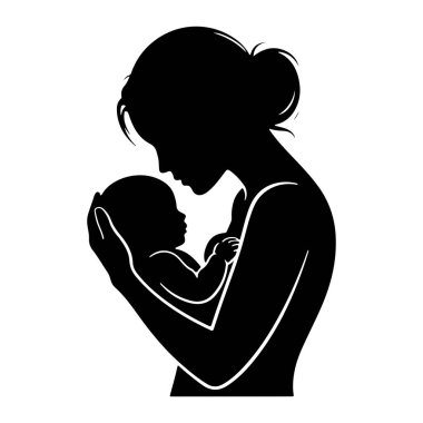 Beyaz bir arka planda bebeği tutan siyah bir anne silueti. Annenin başı eğik, kucağında beşikteki bebeğe bakıyor. Bebeğin yüzü anneye doğru dönüyor. Görüntü, hasırın basit, grafik bir temsilidir