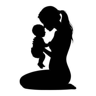 Diz çöküp bebeği tutan siyah bir anne silueti. Anne öne eğiliyor, bebekle alınlarına dokunuyor. Bebek, annenin göğsüne yakın tutulur. Arkaplan düz beyaz.