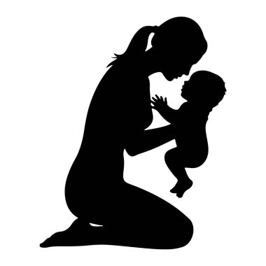 Diz çöküp bebeği tutan siyah bir anne silueti. Anne öne eğiliyor, nazikçe bebeğin yüzüne alnıyla dokunuyor. Bebek, bir eli annesine doğru uzanan bir eliyle güvenli bir şekilde kollarına alınır. Arka plan plai.