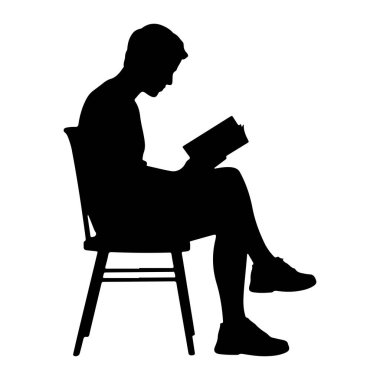 Sandalyeye oturup kitap okuyan siyah bir siluet. Kişi sola bakıyor ve kitabı iki eliyle de açık tutuyor. Sandalyenin dört ayaklı ve gerilmiş basit bir tasarımı var. Arka plan bembeyaz..