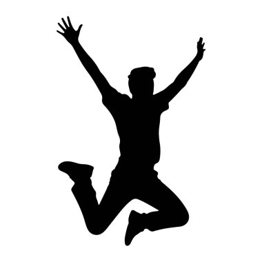 Siyah bir siluet, beyaz bir arka plana doğru atlayış yaparken görüntülenir. Bireyin kolları yukarı ve dışarı doğru uzanıyor, elleri açık, bir neşe ve özgürlük hissi veriyor. Bacaklar bükülür, bir dizi kalkar ve...