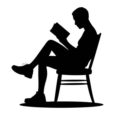 Bir kişinin siyah bir silueti bir sandalyeye oturmuş, bir kitap okumaya dalmıştır. Bacak bacak üstüne atmış ve iki eliyle kitabı açık tutuyor. Siluet düz beyaz bir arkaplan üzerinde titiz, ince bir gölge B