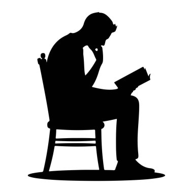 Sandalyeye oturup kitap okuyan siyah bir siluet. Bir kişi öne doğru eğiliyor, bir eli çenesine dokunarak derin düşüncelere dalıyor. Siluet beyaz bir arkaplan karşısında durmaktadır, formu ve eylemi vurgular..