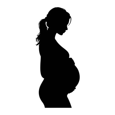 Profil görünümünde hamile bir kadının siyah silueti. Saçını at kuyruğuyla arkaya çekmiş ve elleri de öne çıkan göbeğini sallıyor. Arkaplan düz beyaz.
