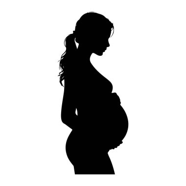 Beyaz bir arka planda hamile bir kadının siyah silueti görülüyor. Saçları at kuyruğu şeklinde geri çekiliyor, ve elleri nazikçe öne çıkan bebek çıkıntısının üzerinde duruyor. Görüntü, forma odaklanan temiz ve grafik bir illüstrasyondur.