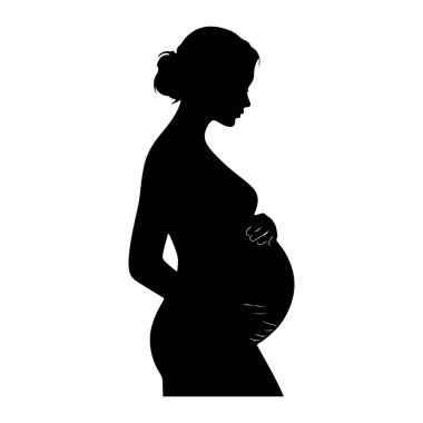Profilde hamile bir kadının siyah silueti. Saçları topuz şeklinde. Elleri nazikçe büyük bebek şişliğine konur. Görüntü, beyaz bir arkaplana karşı simsiyah. Bu da hamileliğin temiz ve grafik bir temsilini oluşturuyor..