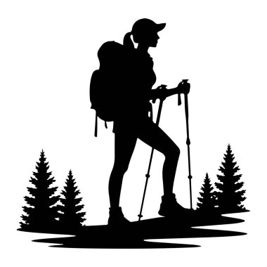 Siyah bir siluet, yürüyüş direkleri tutan bir kadın tasvir ediyor. Etrafında bir sürü çam ağacı olan bir yolda duruyor. Sahne beyaz bir arka plana göre ayarlanmış. Bu da açık hava macerası ya da yürüyüş aktivitesi olduğunu gösteriyor..