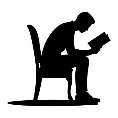 Sandalyeye oturup kitap okuyan siyah bir siluet. Adam öne doğru eğiliyor, açık kitabın sayfalarına odaklanmış. Sandalyenin sırtı yüksektir ve tasarımı basittir. Siluet, düz beyaz bir arkaplan üzerine kuruludur.