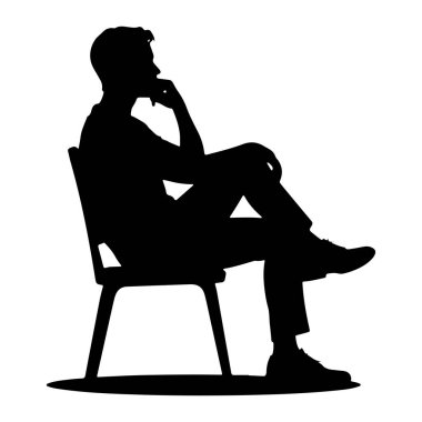 Bacak bacak üstüne atmış bir sandalyede oturan siyah bir siluet. Eli çenesinde öne doğru eğilmiş, düşünceli bir duruş sergiliyor. Siluet beyaz bir arkaplanda izole edilmiş..