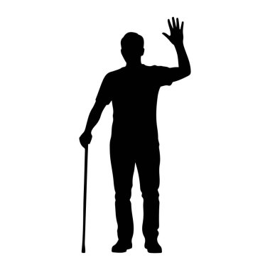 Beyaz bir arkaplana karşı duran siyah bir siluet. O bir tişört ve pantolon giyiyor. Sağ kolu havada, el sallayarak el sallıyor. Sol elinde baston var..