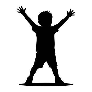 Siyah bir çocuk silueti kolları açık ve başının üstünde duruyor. Şort ve tişört giyiyor ve bacakları hafifçe ayrık. Siluet, beyaz bir arkaplanda izole edilmiş ve katı bir zıtlık yaratıyor. Bu poz...