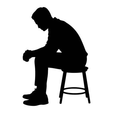 Basit bir taburede oturan siyah bir adam silueti tasvir edilir. O, başı eğilmiş ve elleri kucağına kenetlenmiş olarak sola bakıyor. Arkaplan düz beyaz, siyah figür ile tam bir kontrast oluşturuyor. Adam gündelik giyinmiş.