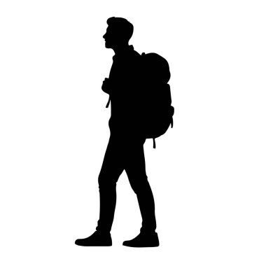 Geniş sırt çantalı bir gencin siyah silueti beyaz arka planda gösteriliyor. Kişi rahat kıyafetler ve ayakkabılar giyiyor, sol bacağı hafifçe öne doğru hareket etmeye hazır gibi. Sırt çantası uygulaması
