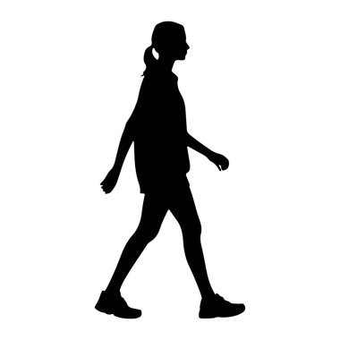 Beyaz bir arka planda soldan sağa yürüyen siyah bir kız silueti. O, saçını at kuyruğu ile geri çektirdi ve atletik ayakkabılarla birlikte bir gömlek ve şort giydi. Kolları dirseklerinden ve bacaklarından hafifçe bükülmüş. 
