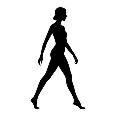 Profilde bir kadının siyah silueti, düz beyaz bir arkaplanda yürürken resmedilir. Şekil boyundan aşağısı gösterilir, kolları hafifçe açılır ve bacakları uzun adımlarla hareket eder. Siluet, vücudun hatlarını vurguluyor ve...