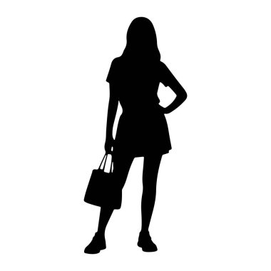 Beyaz arka planda duran siyah bir kadın silueti. O, kısa bir elbise ve ayakkabılar giyiyor ve sol elinde bir el çantası tutuyor. Sağ eli kalçasının üstünde. Siluet, gözle görülür bir özelliği olmayan koyu siyah bir şekildir..