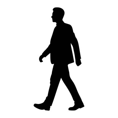 Profilde bir adamın siyah silueti beyaz bir arkaplanda soldan sağa doğru yürürken resmedilir. Takım elbise ceketi, pantolonu ve ayakkabıları var. Sol bacağı öne ve sağ bacağı arkaya doğru hareket ediyor..